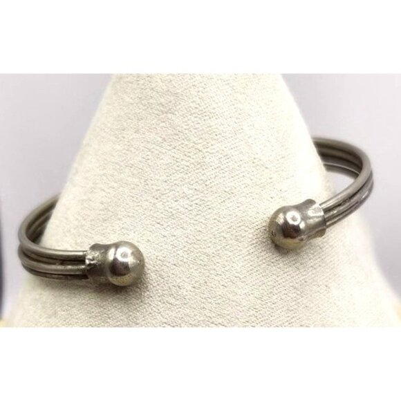 Multi Layered Wire Cuff Bracelet With Ball Cap Ends - Silver Tone - Picture 1 of 3